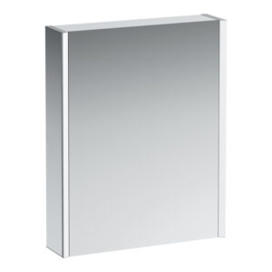 @-Frame25 Aluminium Mirrored Cabinet with Two Vertical LED Lights  Underside Ambient Light and Gloss White Sidesleft or Right Hinge. 600 (W)x750 (H)x150 (D)mm. the Left Hinged Soft-Close Door is Mirrored on Both Sides (6mm Thickness). with 3 Adju
