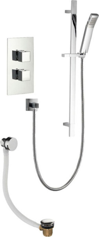 Bloque2 2 Knob Twin Outlet Concealed Valve with Str8 (Ki440) Adjustable Head and Bath Overflow Filler