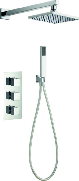 Bloque2 3 Knob Twin Outlet Concealed Valve with New Fixed Head and New Pencil Handset & Smooth Hose