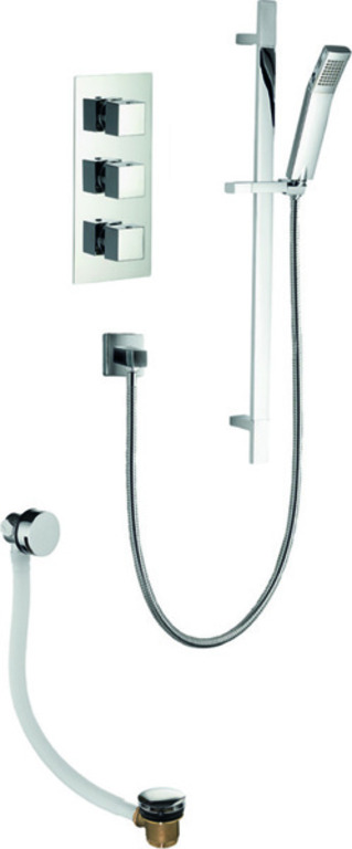 Bloque2 3 Knob Twin Outlet Concealed Valve with Str8 (Ki440) Adjustable Head and Bath Overflow Filler